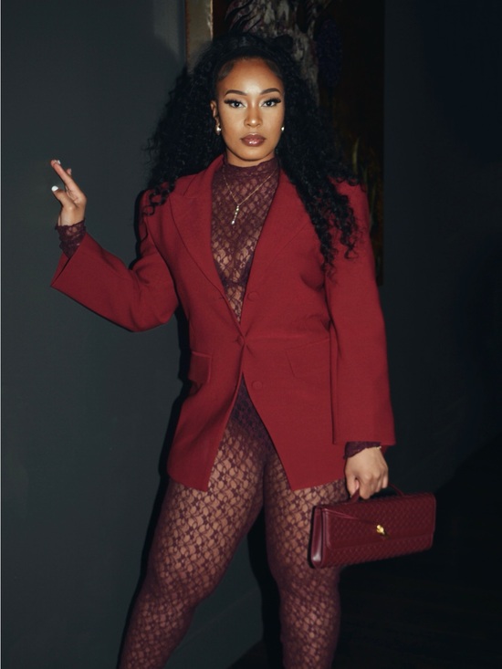 naked wardrobe Pants - Naked Wardrobe Burgundy Blazer & Lace Jumpsuit Set